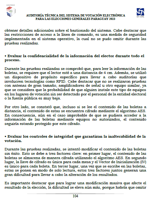 sebaalvareza's tweet photo. 🗳️CONCLUSIONES DE LA AUDITORÍA TÉCNICA DEL SISTEMA DE VOTACIÓN ELECTRÓNICA PARA LAS ELECCIONES GENERALES PARAGUAY 2023.

Realizada por el "Centro de Asesoría y Promoción Electoral", CAPEL; un programa especializado del Instituto Interamericano de Derechos Humanos (IIDH)
🧵 https://t.co/cZLsZTEMI8