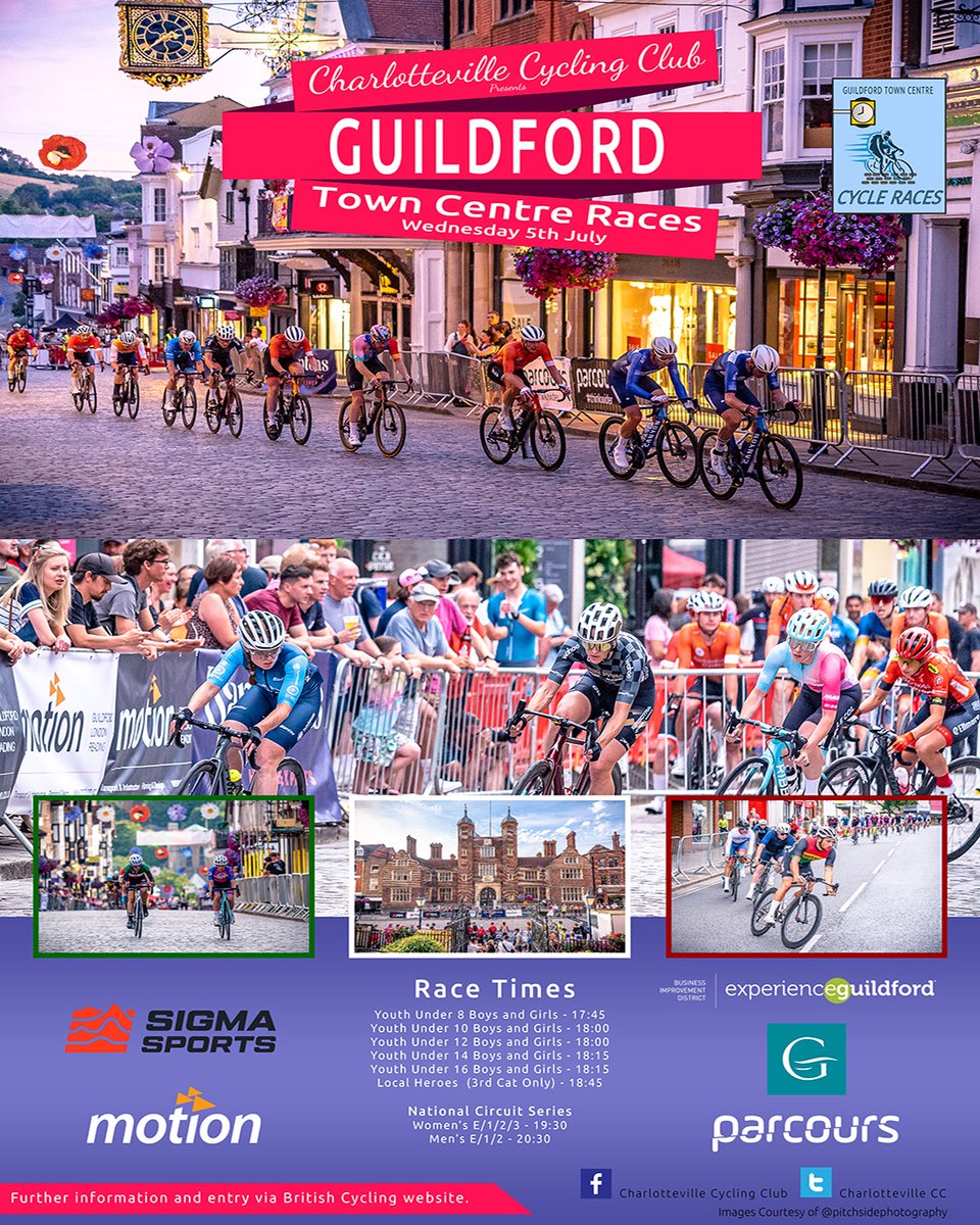 Charlotteville Cycling Club are proud to announce the Guildford Town Centre Races are back for 2023!!
The only circuit in the South of England on the National Circuit Series calendar. 
Register at bit.ly/42quC1w
@experiencegford <a href="/sigmasports/">Sigma Sports</a> @parcoursvelo <a href="/MotionInsight/">Motion</a>