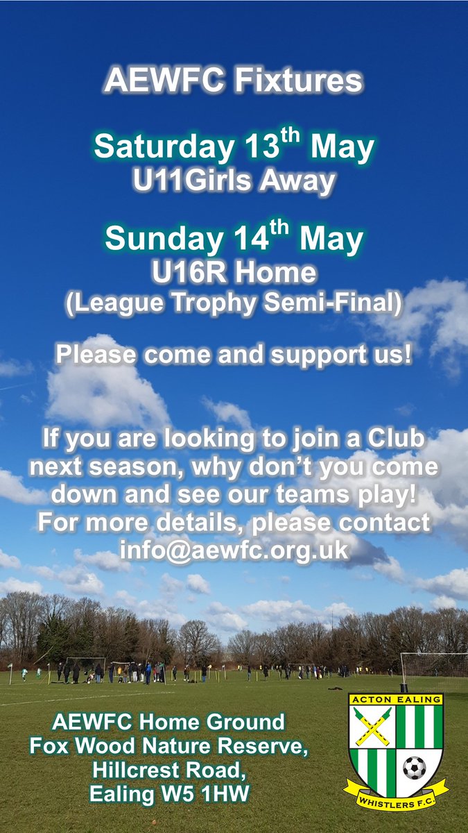 Fixtures this weekend...

Please come and support us!!

If you are looking to join a Club next season, why don't you come down and see our teams play!

#GrassrootsFootball #MiddlesexFootball
#PlayersWanted #CGL #HYFL #EnglandFootballAccredited
#Acton #Ealing #Whislters #Football