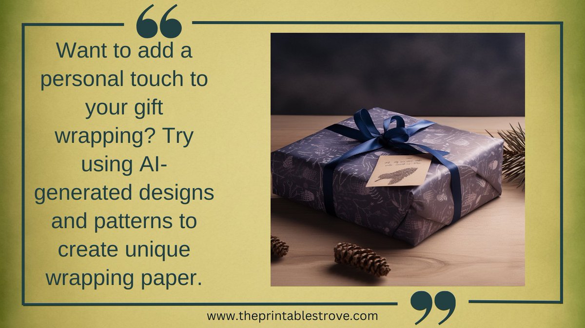 PrintablesTrove's tweet photo. Want to add a personal touch to your gift wrapping? Try using AI-generated designs and patterns to create unique wrapping paper.
#giftwrapping #AIart #PrintOnDemand https://t.co/xzPmvfQ4E0