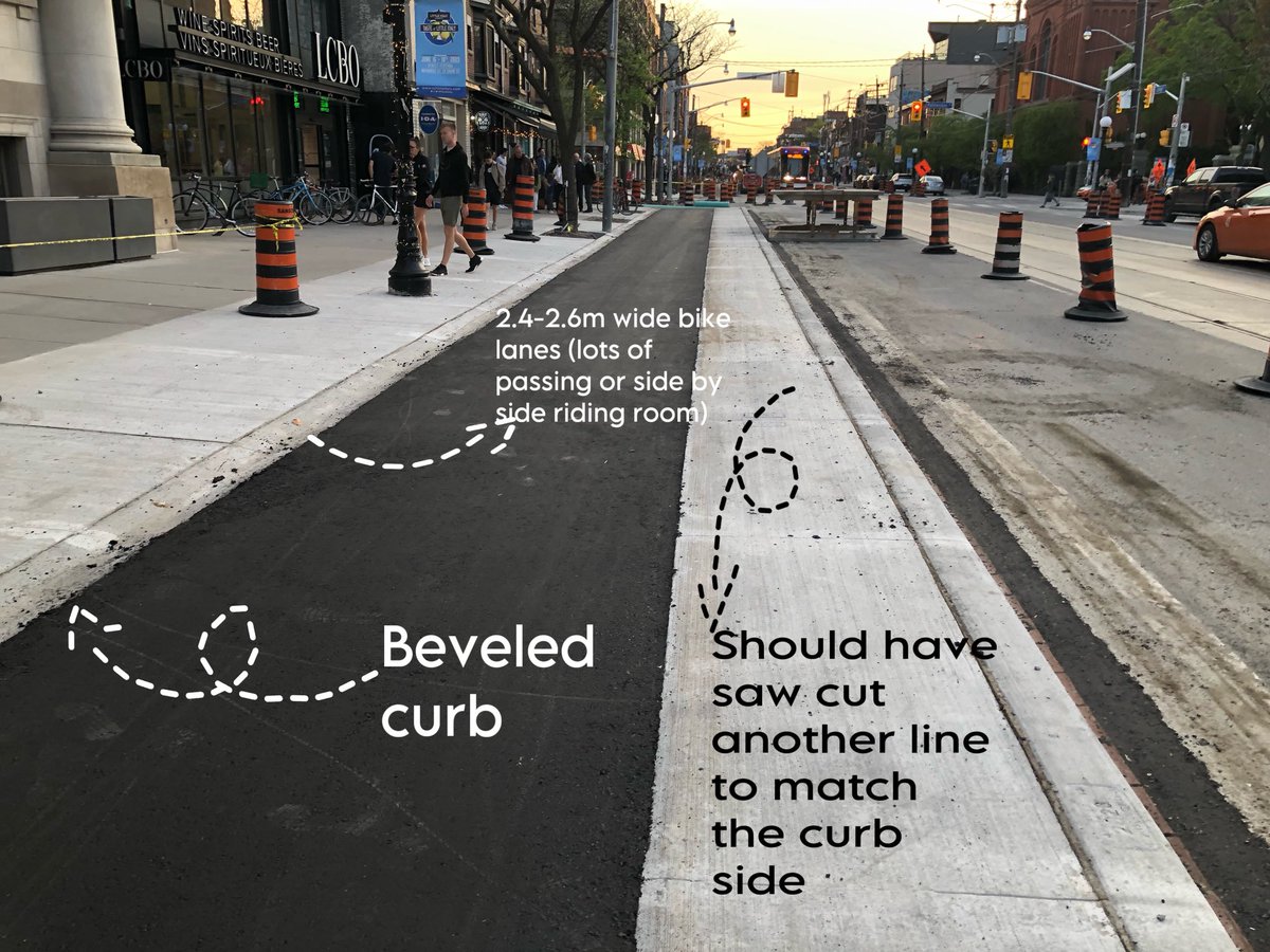 I happened to be in the area, so I stopped to see the College Street #biketo upgrade project. Overall, I am very happy with the results. The wide bikeway leaves room for passing or side by side riding and the bevel curb b/w the sidewalk and the bikeway enhances accessibility.