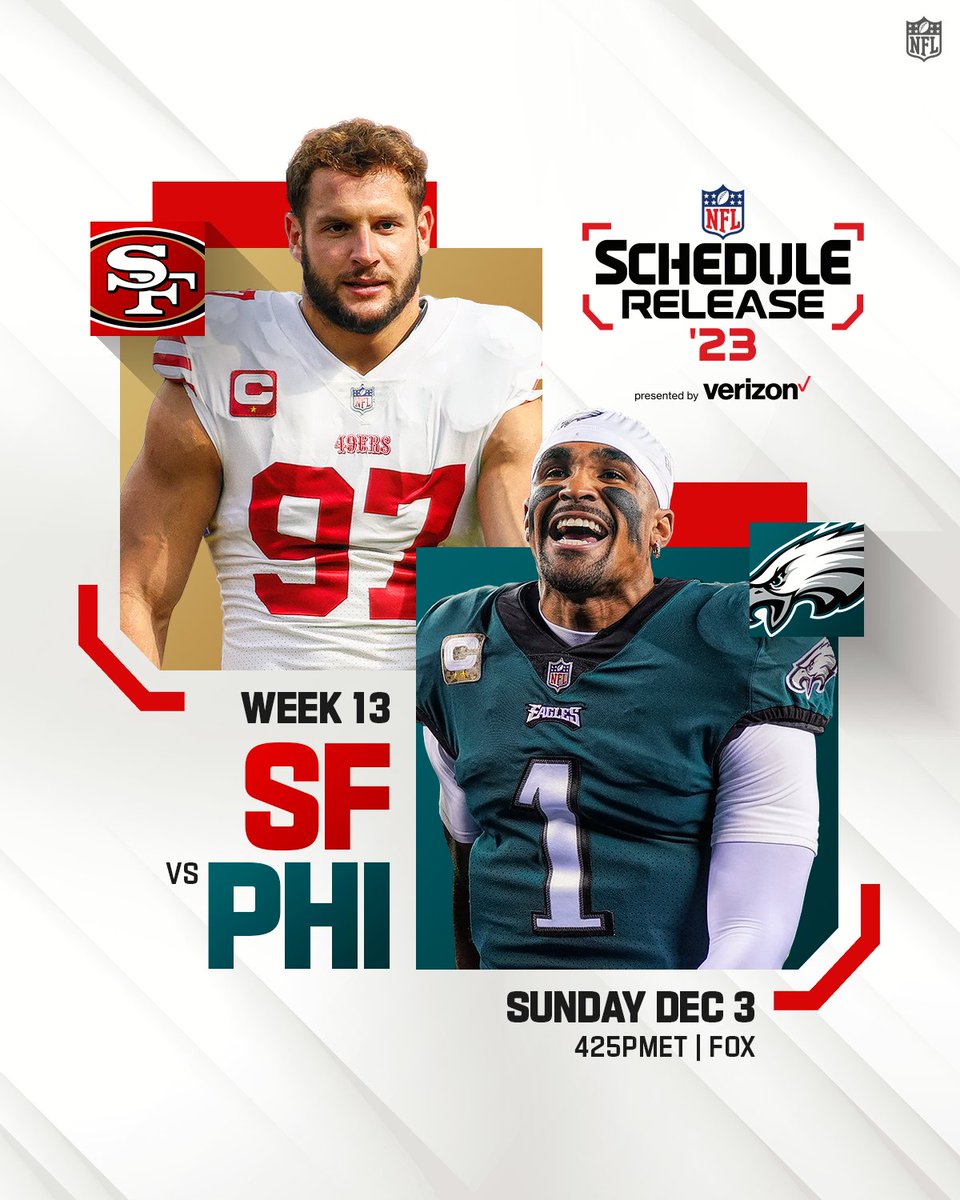 NFL's tweet photo. It's an NFC Championship rematch in Week 13!

@49ers @Eagles 

📺: 2023 NFL Schedule Release -- Thursday 8pm ET on @nflnetwork https://t.co/EFhzpnf7Zs