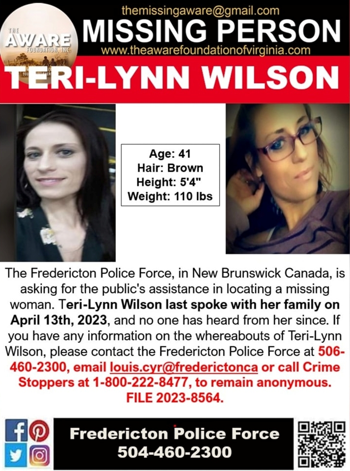SomeoneSawSMTHG's tweet photo. #Missing - Teri-Lynn Wilson

Teri-Lynn is described as Caucasian, 5'4" tall, and 110 pounds, with brown hair.

Anyone with information of her whereabouts is asked to contact the Fredericton Police Force at 506-460-2300, or Crime Stoppers at 1-800-222-TIPS (8477).
#ShareThisPost https://t.co/Vm9rbxwzvC