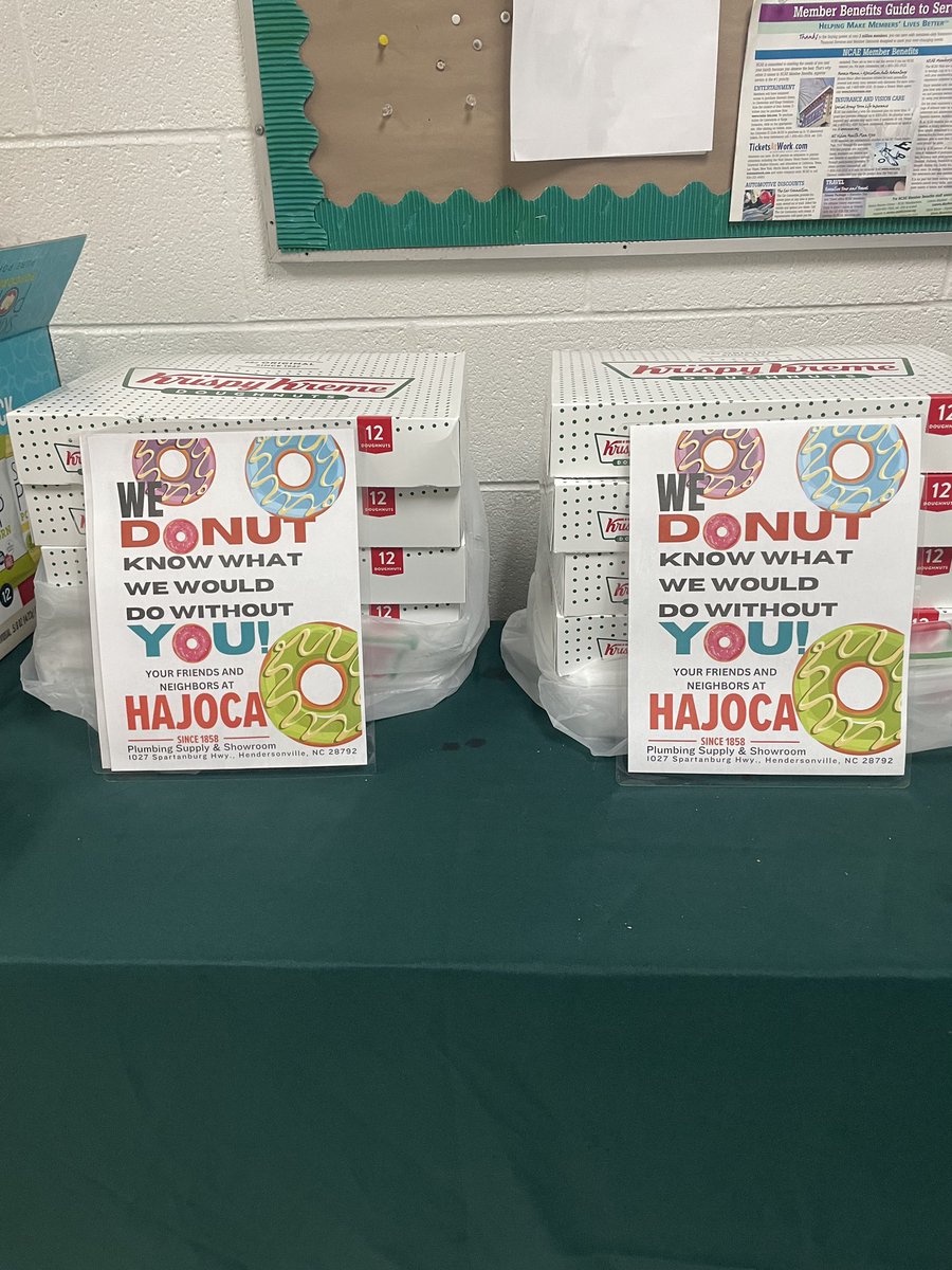 Special thanks to Hajoca of Hendersonville for supplying these delicious surprise donuts for #TeacherAppreciationWeek Day 3!  🍩 Support businesses that support schools, and go see them for all of your plumbing supply needs!