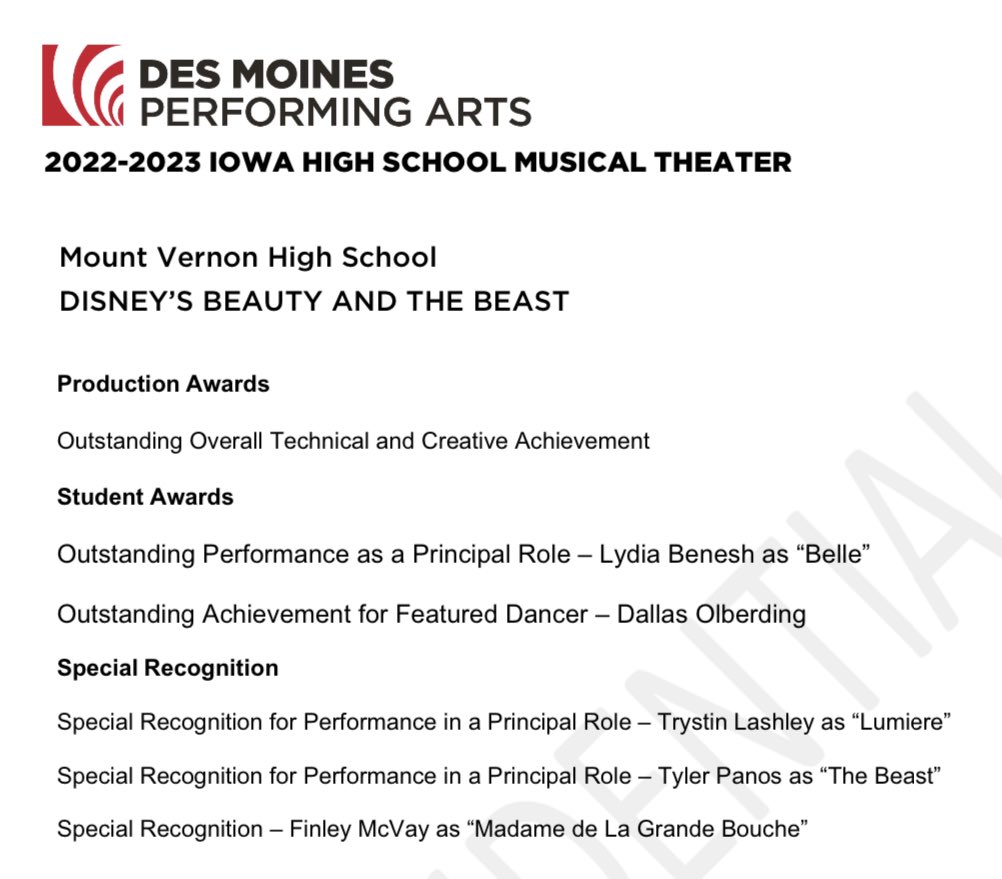Velvet Curtain/1470 (@mvhstheatre) on Twitter photo I can now officially share the awards we received for Beauty and the Beast. Not listed, <a href="/lydiabenesh/">Lydia Benesh</a> also received a Triple Threat invitation. Congratulations, everyone! #MVFineArts I can now officially share the awards we received for Beauty and the Beast. Not listed, <a href="/lydiabenesh/">Lydia Benesh</a> also received a Triple Threat invitation. Congratulations, everyone! #MVFineArts