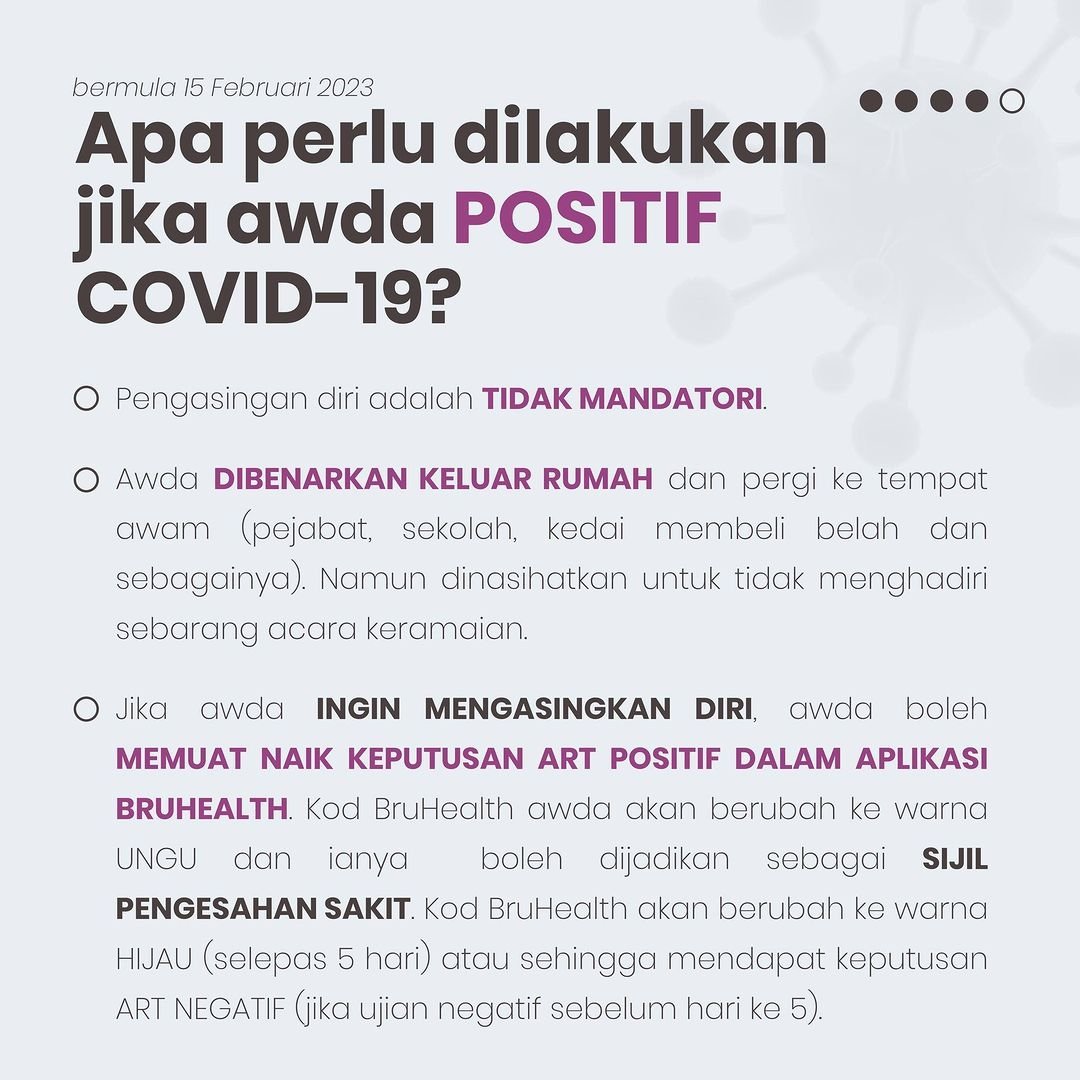 Dengan pengumuman daripada WHO yang mana jangkitan COVID-19 tidak lagi dikategorikan Public Health Emergency of International Concern, Kementerian Kesihatan akan terus memantau situasi jangkitan COVID-19 dan memaklumkan sebarang perkembangan mengikut keperluan semasa.

#govbn