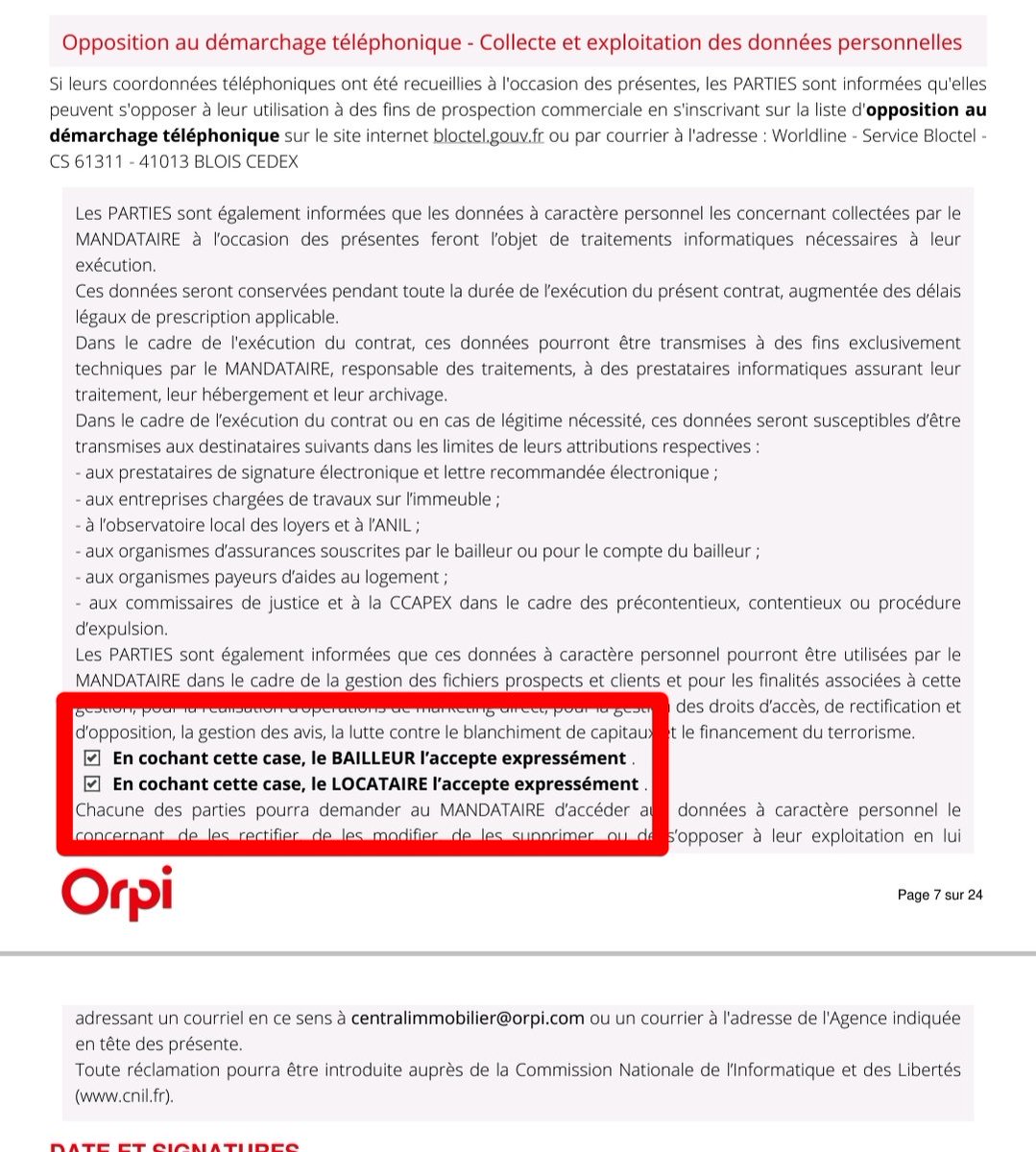 On est d'accord que c'est pas très #RGPD ça? Recevoir ça dans un contrat, pré coché, c'est pas fifou. @Orpi_France <a href="/CNIL/">CNIL</a>
