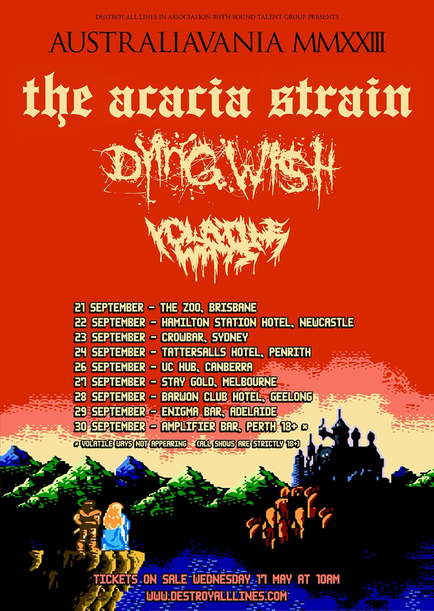 📢 AUS TOUR 📢 

We are so stoked to announce we will be supporting <a href="/theacaciastrain/">The Acacia Strain</a> on their Australiavania Tour this September with <a href="/dyingwishhc/">Dying Wish</a> ⚔️ 

Tickets on sale Wednesday May 17th.
Sign up at the link in our bio 💥