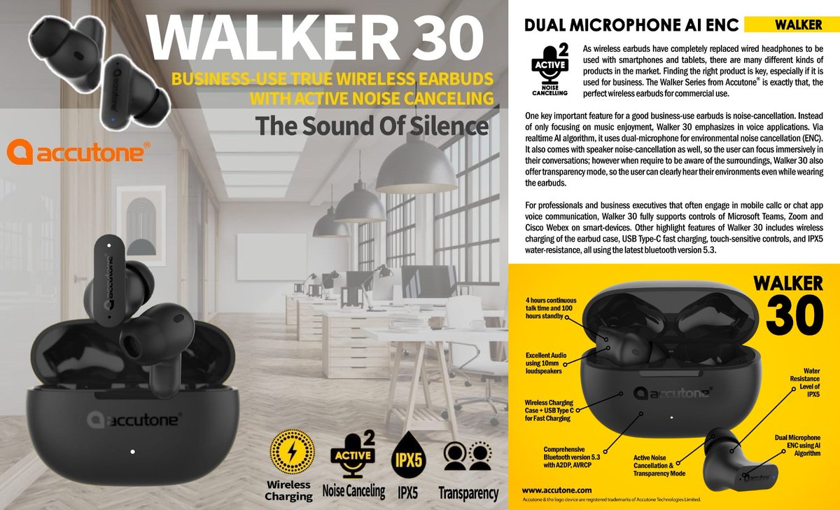 accutoneheadset's tweet photo. Walker 30 places great emphasis on noise-management. With two microphones for Active Noise-Cancellation using a proprietary AI algorithm.
Discover more on https://t.co/k1amkOUu3w
#Accutone #Walker30 #TWS #business #wirelessearbuds #silence #ancheadphones https://t.co/th2b2SqDUh