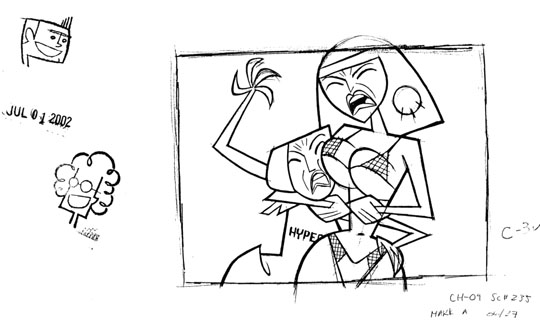 "Cleo Headlock" "A Room of One's Clone: The Pie of the Storm" production drawing from the archived Clone High USA webpage. 13 DAYS