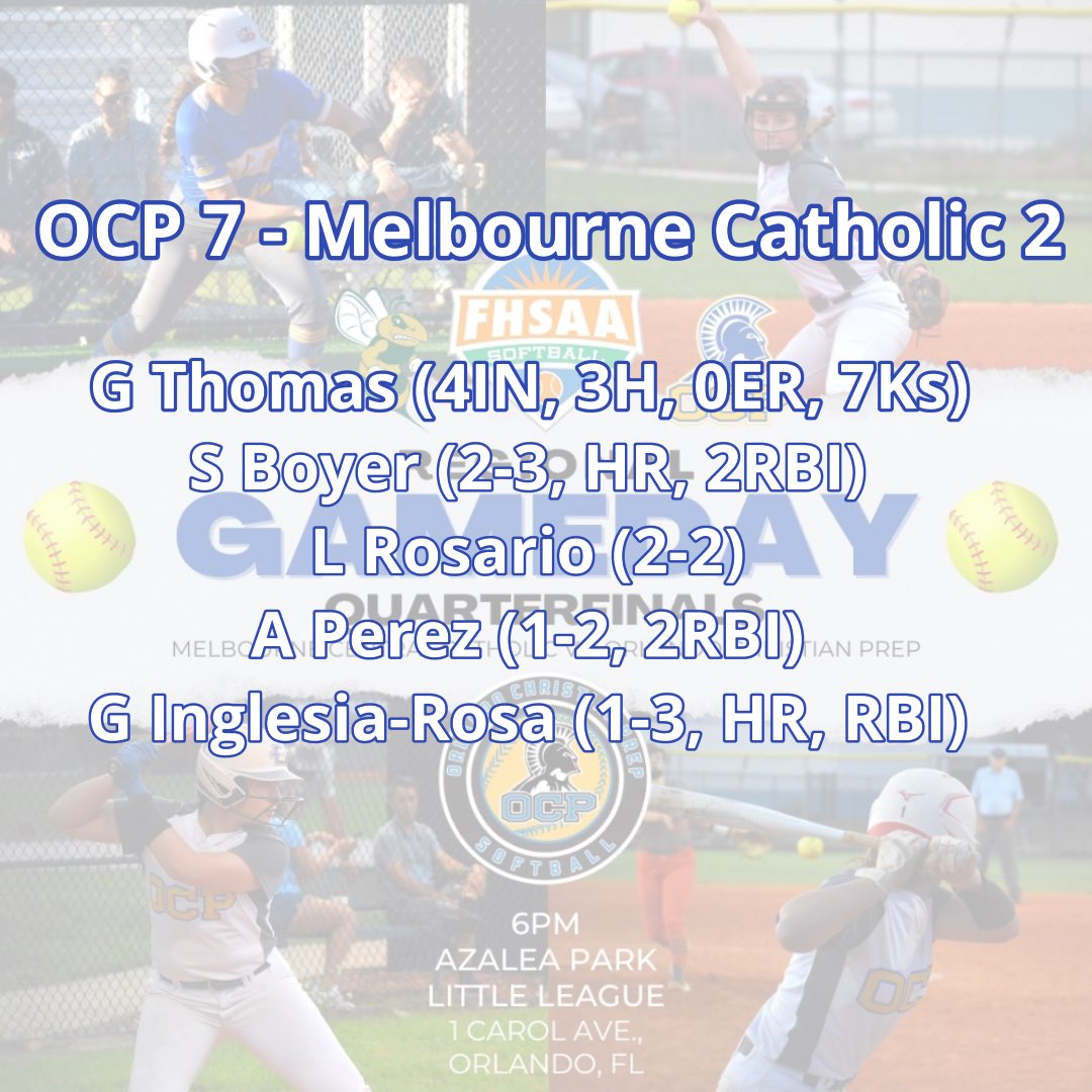OCP wins over Melbourne Catholic 7-2 <a href="/GraceeThomas/">Gracee Thomas</a> (4IN, 3H, 0ER, 7Ks). <a href="/Sabi35571538/">Sabrina Boyer</a> (2-3, HR, 2RBI), L Rosario (2-2), A Perez (1-2, 2RBIs) &amp; G Inglesia-Rosa (1-3, HR, RBI) <a href="/OCPAthletics/">OCP Athletics</a> <a href="/WarriorsOcp/">Orlando Christian Prep</a> <a href="/orlandosports/">Sentinel Sports</a> <a href="/osvarsity/">Sentinel Varsity</a> <a href="/FHSAA/">FHSAA</a> <a href="/SBLiveFL/">Florida High School On SI</a> <a href="/SBLiveSports/">High School on SI</a> <a href="/VarsityBuddy/">Buddy Collings</a>