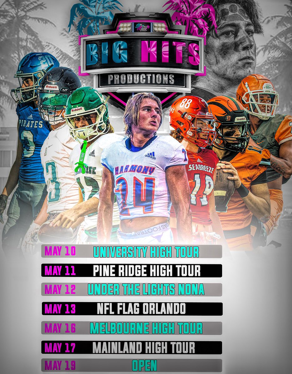 bighitslive's tweet photo. Schedule has been updated cudas game has been moved up so leaves 19th open! 
.
Players
@Coach_Forrest  mantanzas player
@MHSdogsfootball  @Hunter_Turner12
 @daltenphelan24  @longhorns_fb  @Seabreeze_FB  brody @SCHawksFootball  Micah QB  @UHSTitansFB  QB 
@Andy_Villamarzo https://t.co/Pp8Qrh83OM