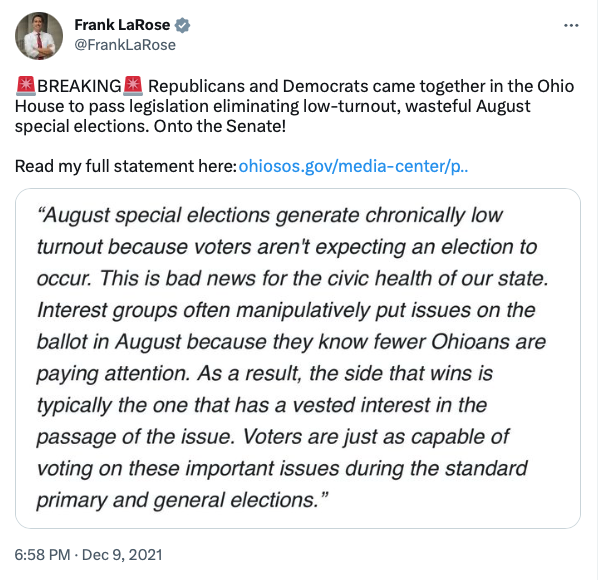 DemocracyDocket's tweet photo. Ohio Secretary of State Frank LaRose (R) said *checks notes* five months ago that August elections are "wasteful" and "bad news for the civic health" of Ohio.

But now he's okay with an August election this year to make it harder for Ohioans to amend their own state constitution. https://t.co/JdtGkBV9Wf