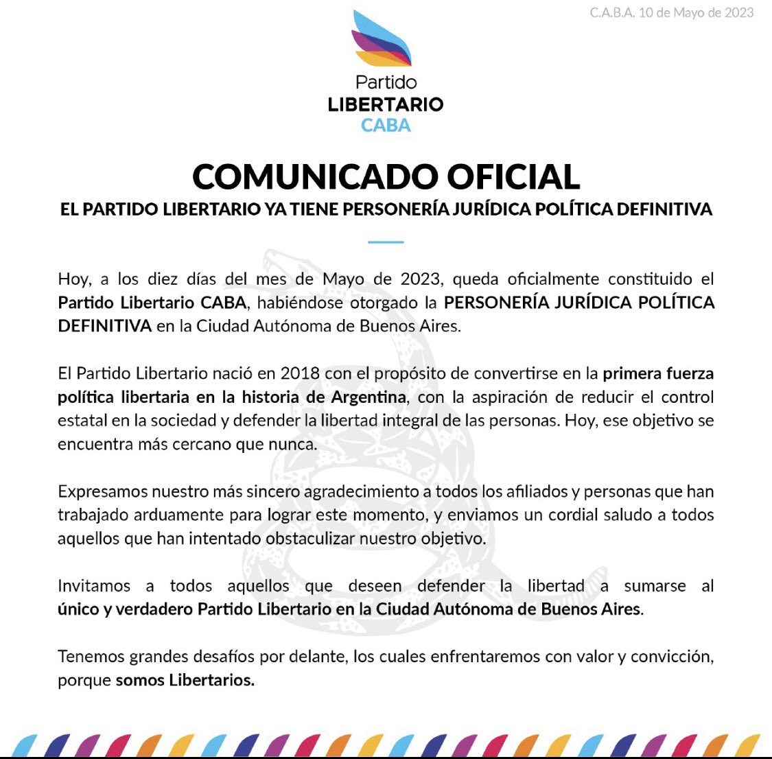 cuervopai2's tweet photo. El Partido Libertario CABA tiene PERSONERÍA JURÍDICA POLÍTICA DEFINITIVA.
Infinitas gracias a todos los que hicieron esto posible. Saludos a los que quisieron obstaculizarnos.
Somos Libertarios. Somos PL.
@JMilei @NicolasEmma10 #somospartido #somoslibertarios #PLCABA https://t.co/XtKVRoC6vW