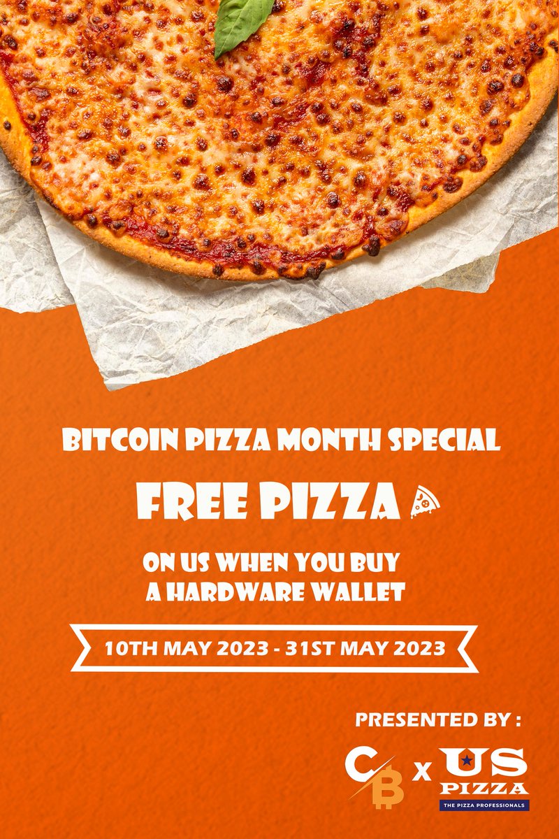 That's right!! It's May and its the #Bitcoin    Pizza month. Buy any hardware wallet from our webstore and you will receive a FREE <a href="/uspizzamy/">US Pizza Malaysia</a> Pizza from us!! 

Visit cryptobilis.com and secure your Crypto future today!.

*valid for purchases within Malaysia only.