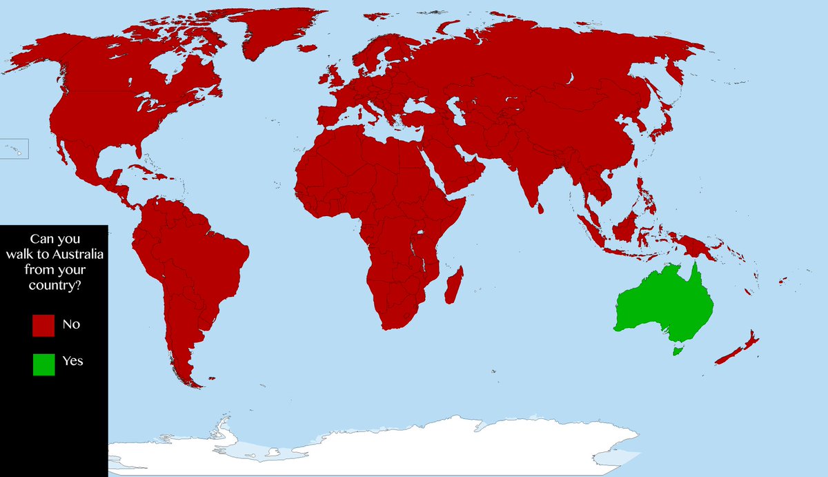 TerribleMaps's tweet image. 'Can you walk to Australia from your country?'