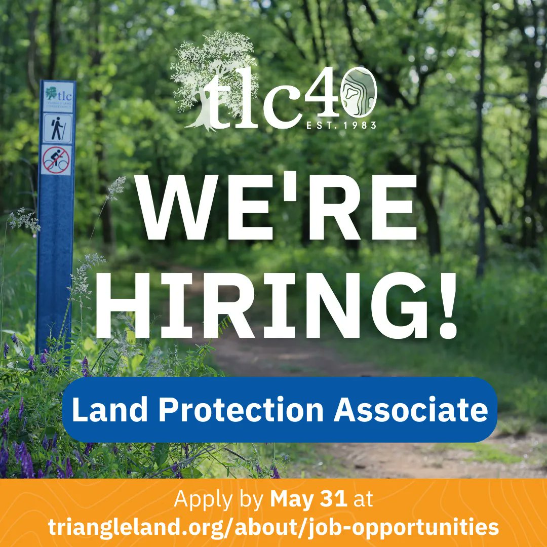 TriangleLand's tweet photo. Are you passionate about land conservation and protecting the Triangle's natural and cultural resources? We're #hiring for a Land Protection Associate! 💙🌳 

Apply by May 31 at https://t.co/zyLJlMPDw4 

#trianglelandconservancy #jobopportunity #trianglenc https://t.co/PNGSiicZKq