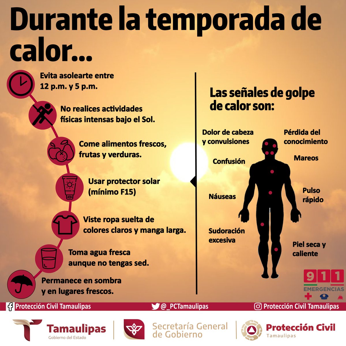 Continua el ambiente cálido en algunos municipios del Estado, conforme se acerca el verano las temperaturas estarán incrementando.

A continuación, te compartimos algunas recomendaciones que puedes tomar en cuenta durante la Temporada de Calor.