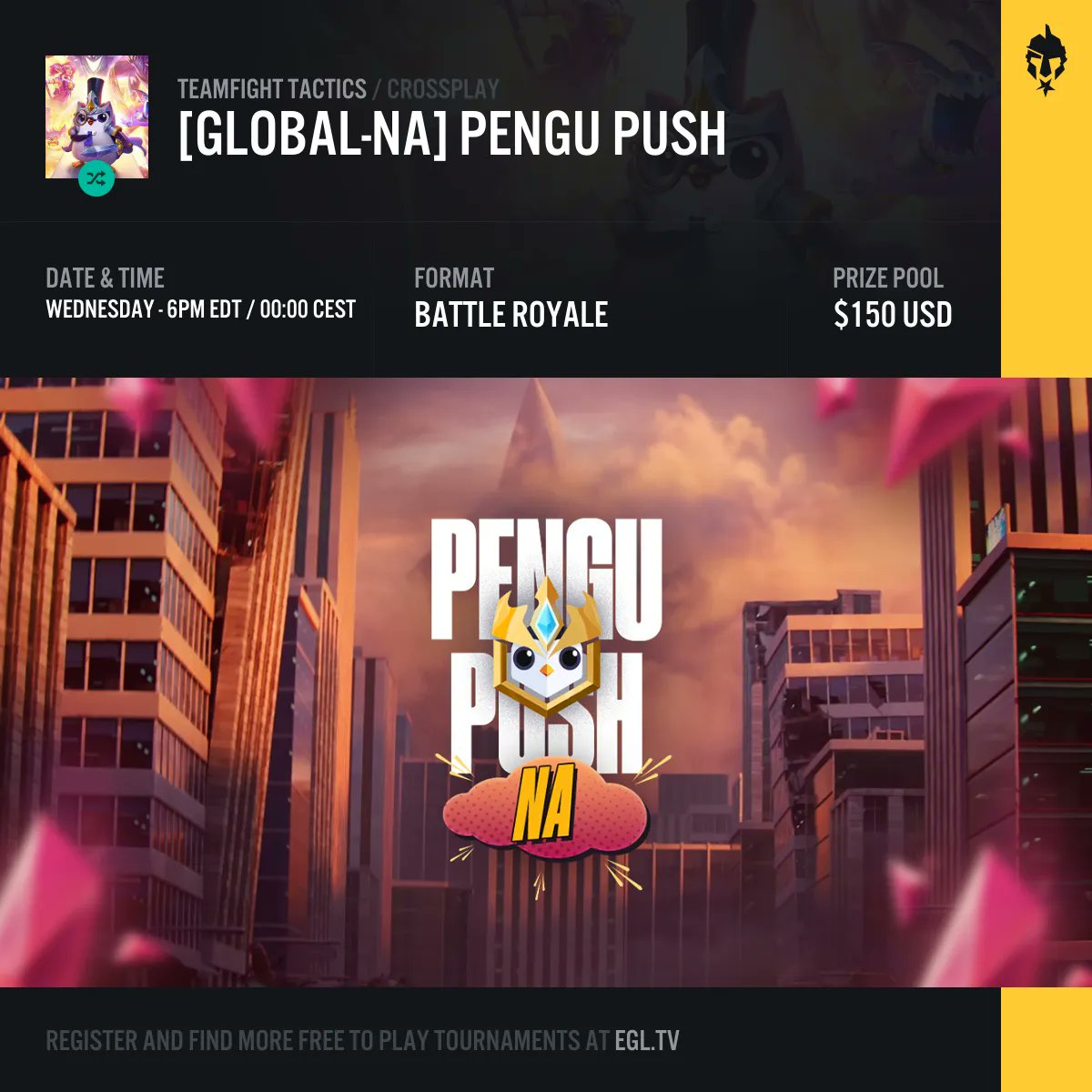 🛎️ Check-in is now open for today's #TeamFightTactics tournament!

Only players that check-in can participate, so don't miss it and secure your spot!

👉 egl.tv/tournament/7896