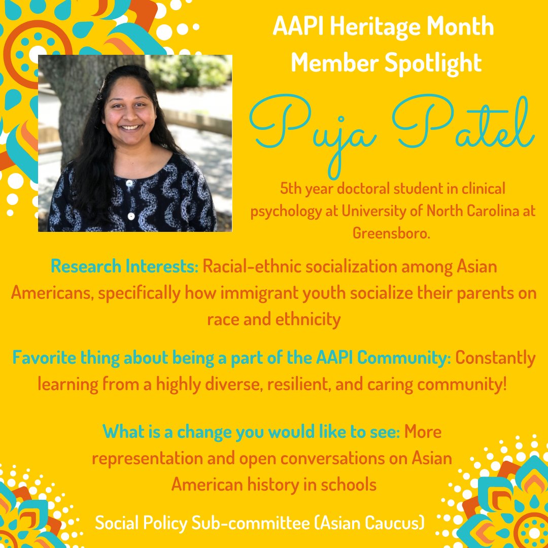 All month long we'll be highlighting some of our amazing emerging and early career scholars. Learn more about <a href="/PujaPPatel1/">Puja Patel</a> and her work as a doctoral student <a href="/UNCG_Psych/">UNCG Psych</a> with <a href="/livas_stein/">Gabriela Livas Stein</a> 
#AAPIHeritageMonth  #AAPIinDevSci.