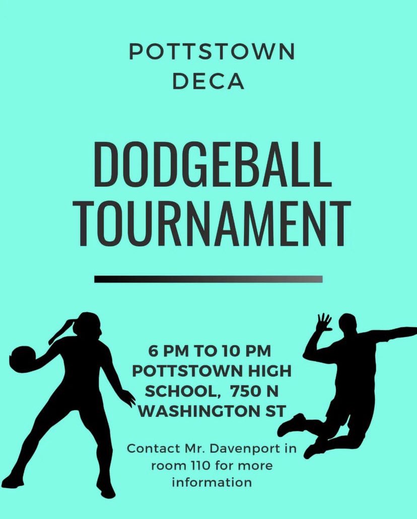deca_pottstown's tweet photo. It’s time to dodge, throw, and jump at this years dodgeball tournament! 🤾♀️🤾At Pottstown High? Please reach out to Mr. Davenport ASAP! Can’t wait to see you all there😎
@pottstownschool @JohnJarmato @DaishawniaDean
#pottstowndeca #trojanready https://t.co/92FtbJMIKD