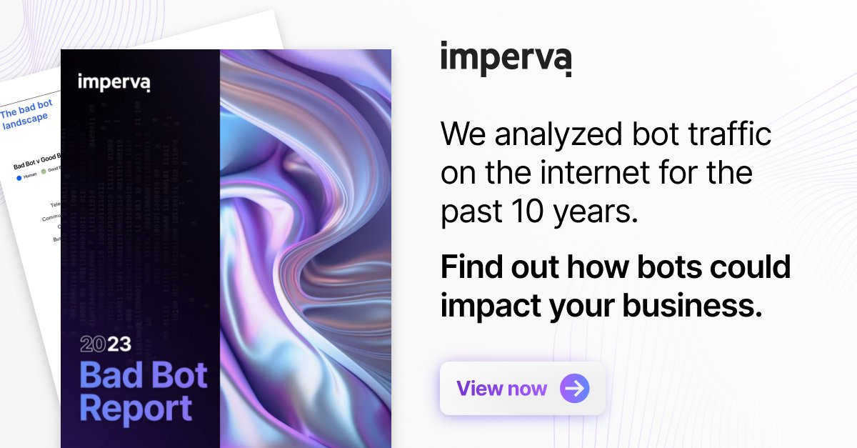 Pam Murphy (@pammurphyintech) on Twitter photo For the past decade, <a href="/Imperva/">Imperva, a Thales company</a> has documented global trends associated with bad bot traffic to help our customers stay a step ahead. This year, we found that automated traffic reached historic levels, which should be a concern for every organization. bit.ly/42E2B6n For the past decade, <a href="/Imperva/">Imperva, a Thales company</a> has documented global trends associated with bad bot traffic to help our customers stay a step ahead. This year, we found that automated traffic reached historic levels, which should be a concern for every organization. bit.ly/42E2B6n