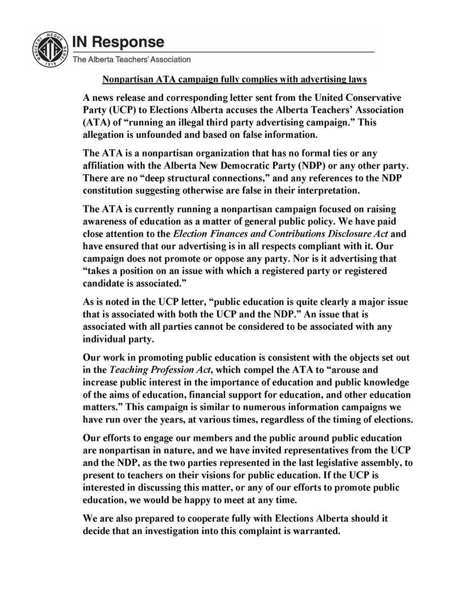We have issued the following statement regarding an inaccurate letter of complaint sent to Elections Alberta by the UCP’s executive director. #abed #ableg