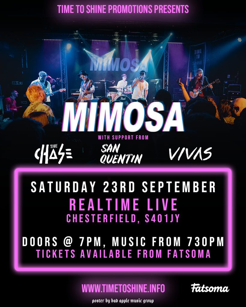 REAL TIME LIVE We’re excited to announce that we will be playing at Chesterfield’s @RealTimeLive1 on Saturday 23rd September alongside @SanQuentinMusic and @OFL_TheChase supporting Mimosa. Tickets on sale now! 👇 fatsoma.com/e/reidh64p/tim…