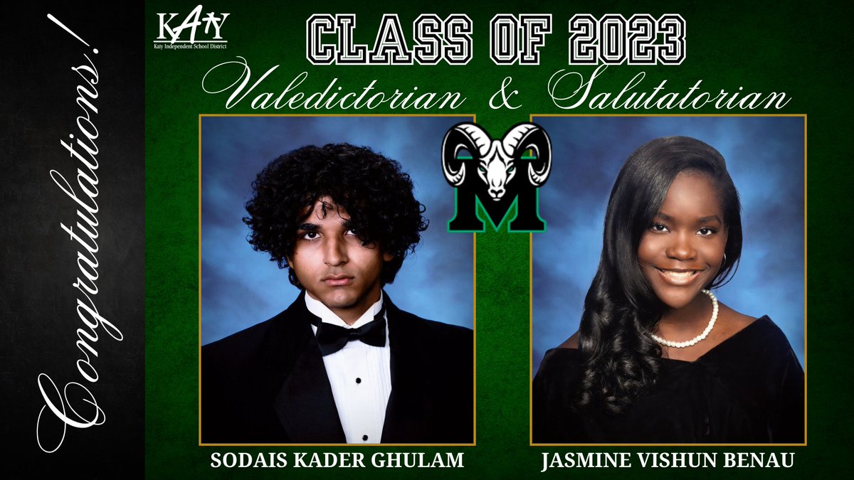Graduation is just one week away! Join us in celebrating our Mayde Creek High School Valedictorian, Sodais Kader Ghulam and Salutatorian, Jasmine Vishun Benau! 🎉