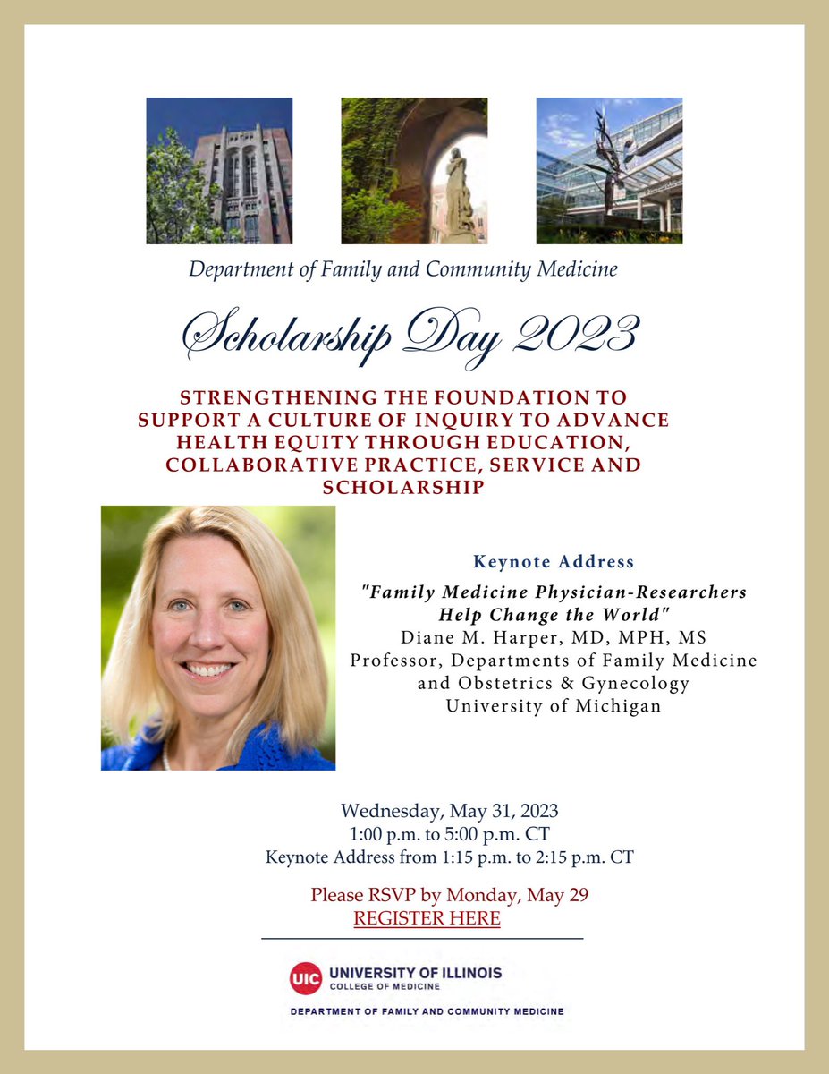 Register now for <a href="/uiccom/">University of Illinois College of Medicine</a> 
DEPARTMENT OF FAMILY &amp; COMMUNITY MEDICINE SCHOLARSHIP DAY
Wed, May 31, 1-5 pm CT Keynote Address "Family Medicine Physician-Researchers Help Change the World"
Diane M. Harper, MD MPH MS
Register:     
uic.zoom.us/meeting/regist… #primarycare #FMRevolution