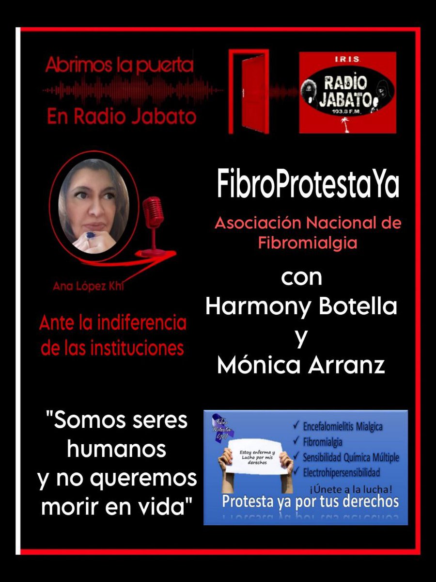 radiojabato's tweet photo. Nuevo programa de @analopezkhi en @radiojabato  de #AbrimosLaPuerta con “FibroProtestaYa, somos seres humanos y no queremos morir en vida.”
https://t.co/evgR7f5IOD

Contenido en el hilo 👁️👇 https://t.co/UntEhDH9vr