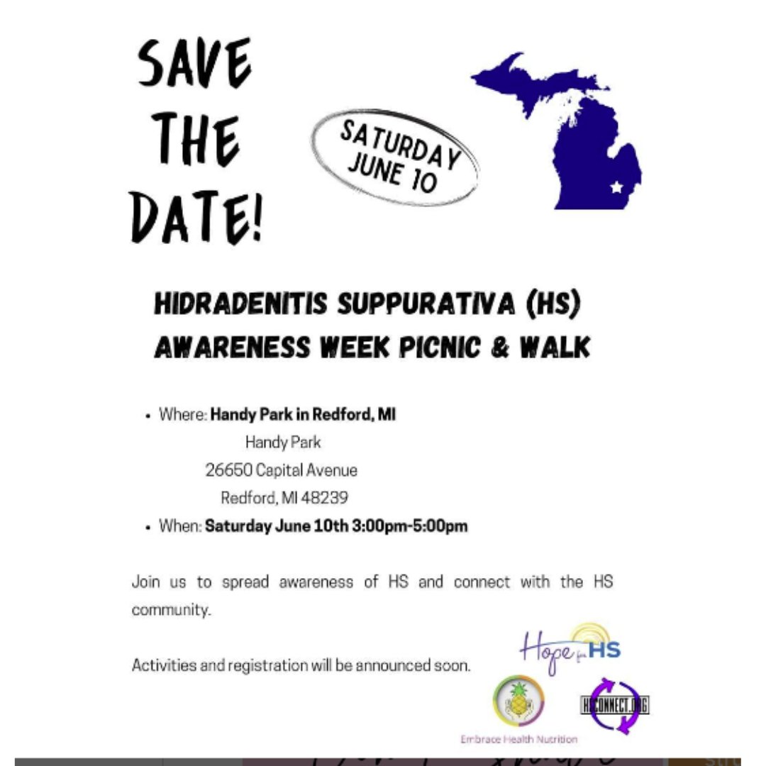 There are more and more fantastic events popping up online for #hsawarenessweek2023 like this picnic and walk in Redford, MI. How will you mark HS week this year? #hidradenitissuppurativa #HS #BeAGP #MedTwitter #DermTwitter #HSWeek #hsawareness #doctor #michigan