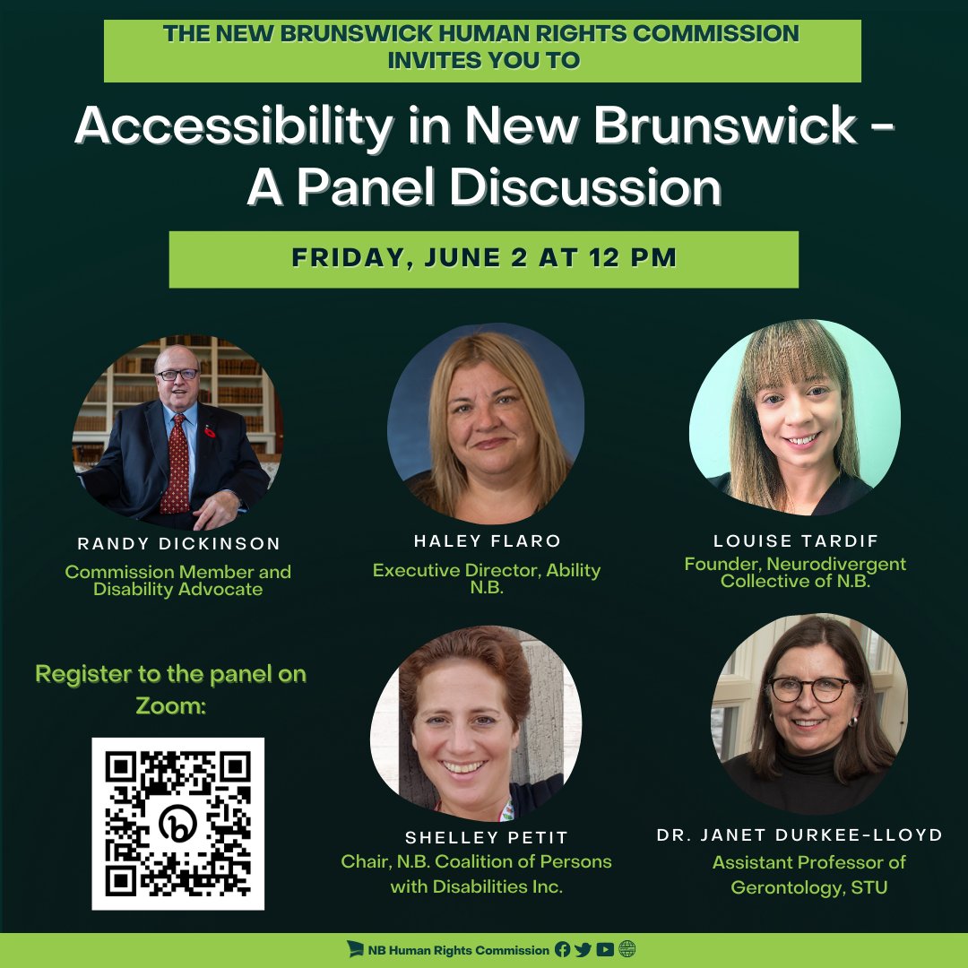 The New Brunswick Human Rights Commission invites you to: Accessibility in New Brunswick- A panel discussion. Friday, June 2 at 12 pm. #NB #AccessibleCanada #AccessibleNB