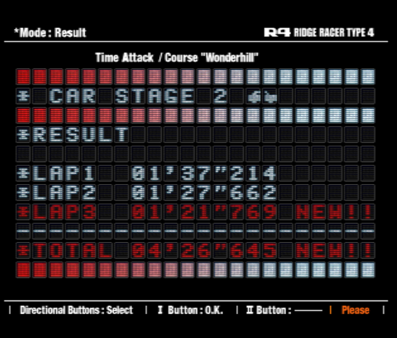 Back at it!

R4: Wonderhill (Preset D2, AT)
Best time: 1:21.769

NTSC-U (emulator, keyboard)

#SplashWaveRacing