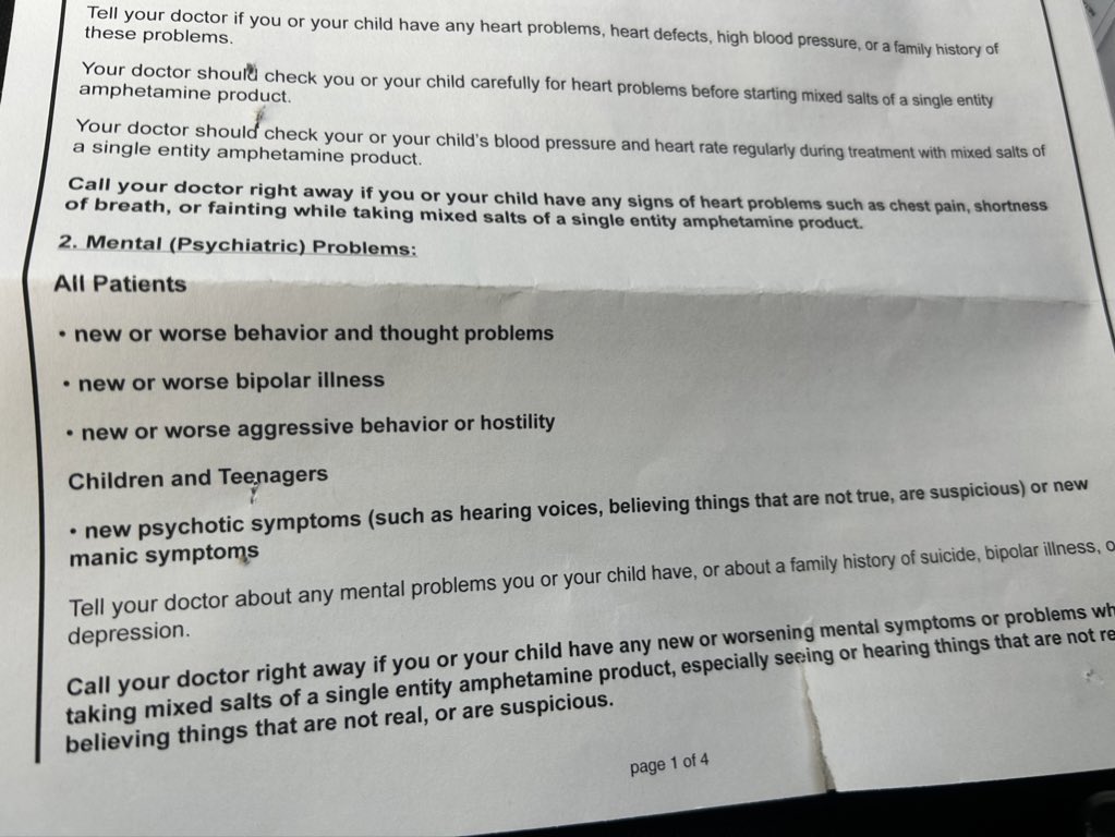 ChvrchLights's tweet photo. @The38Super They are prescribed for child but that doesn’t mean it’s a good idea in all cases. My original point was adhd meds could have played a role. Not saying it’s likely but he did just start meds. I just picked up my own adderall script. This is the warning that came w/ it. https://t.co/Fx1YihF6jx
