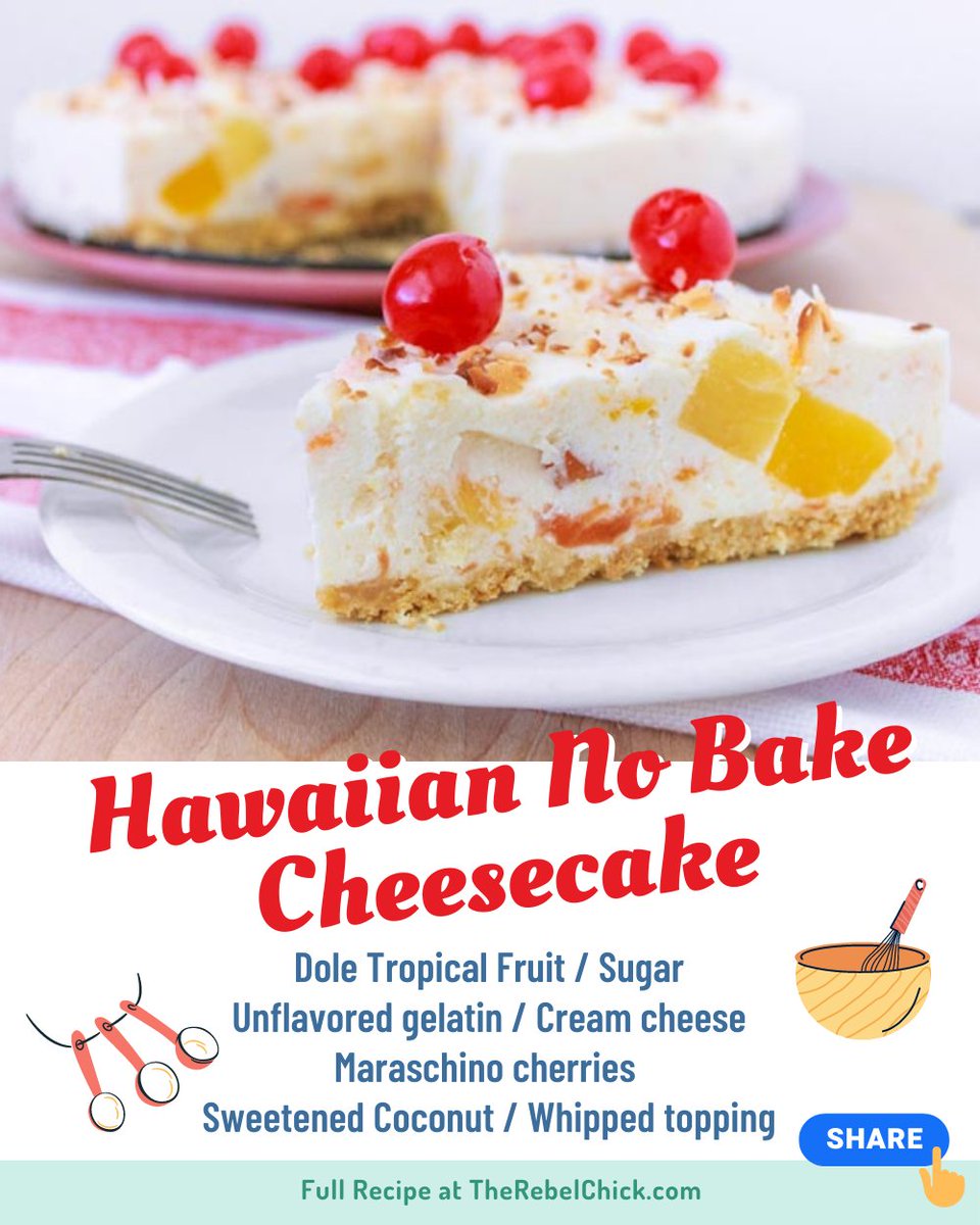TheRebelChick's tweet image. My favorites are no bake cheesecakes, like this Hawaiian No Bake Cheesecake Recipe! #cheesecake #recipes #nobake