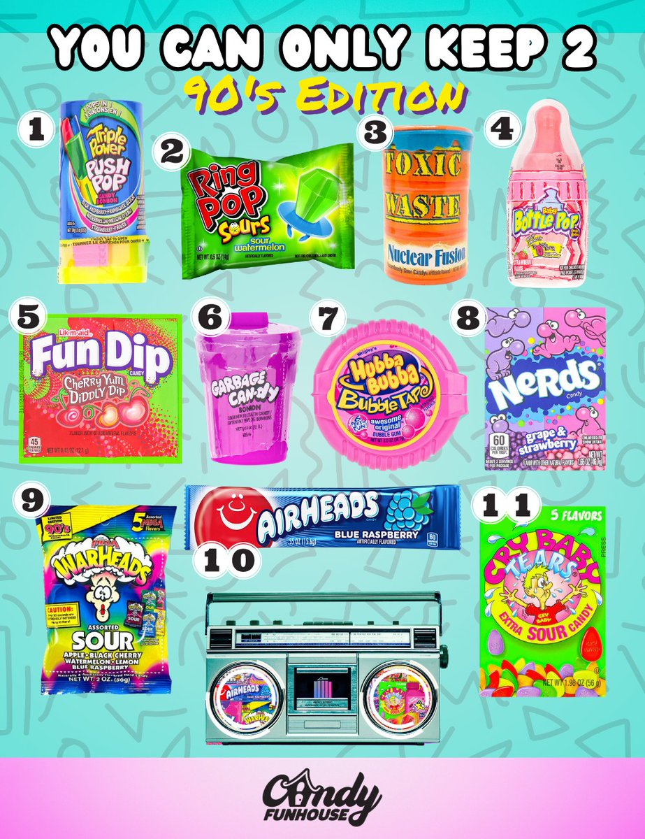 CandyFunhouseHQ's tweet photo. You can only keep 2! What 90's candy are you going with? 🍭 #90s #90scandy #retro #nostalgia #nostalgic #candyfunhouse https://t.co/OVGhJvrcZh