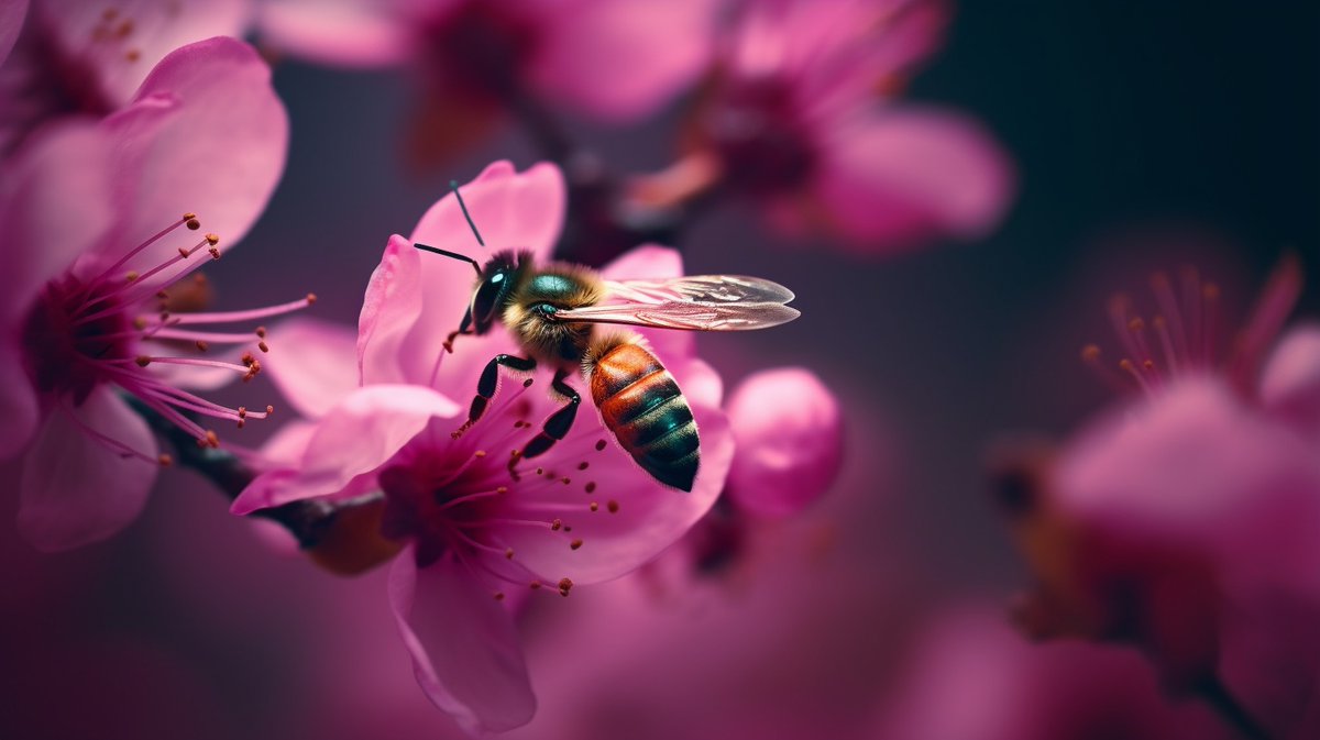 cesar20984's tweet photo. A colorful bee savors honey from a vivid pink cherry flower in a crystal-clear 16k photo. Blurred city road backdrop adds depth. 🐝🌸 #midjourney #AIArtworks #NatureInHD. Prompt in Alt. https://t.co/kbs2KCSR27