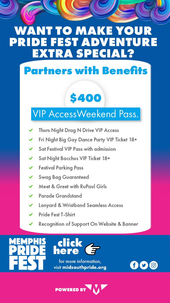 Make your #MemphisPrideFest experience even more unforgettable with our personalized weekend experience packages! 🤩 

Check it out! 👉🏼 midsouthpride.org