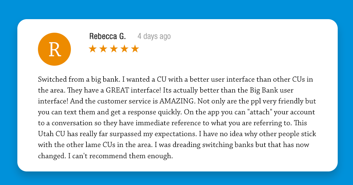 Utah_First's tweet image. Thanks for sharing, Rebecca. You deserve digital banking so good it'll have you singing our praises, and customer service that is lightning-fast and friendlier than your favorite barista ☕️
Bye-bye big bank!