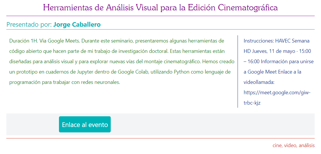 ReHDi_Co's tweet photo. En la #SemanaHD, Jorge Caballero presentará "Herramientas de Análisis Visual para la Edición Cinematográfica". 

11 de mayo, 9:00 (Bogotá) / 8:00 (CDMX)
🔗 https://t.co/CTWyRDnpaA

Acceda a más información y eventos en  https://t.co/yEH1oWyqGH

@Red_HD @aahdArg @cuaieedunam https://t.co/RBLyvHeO1W