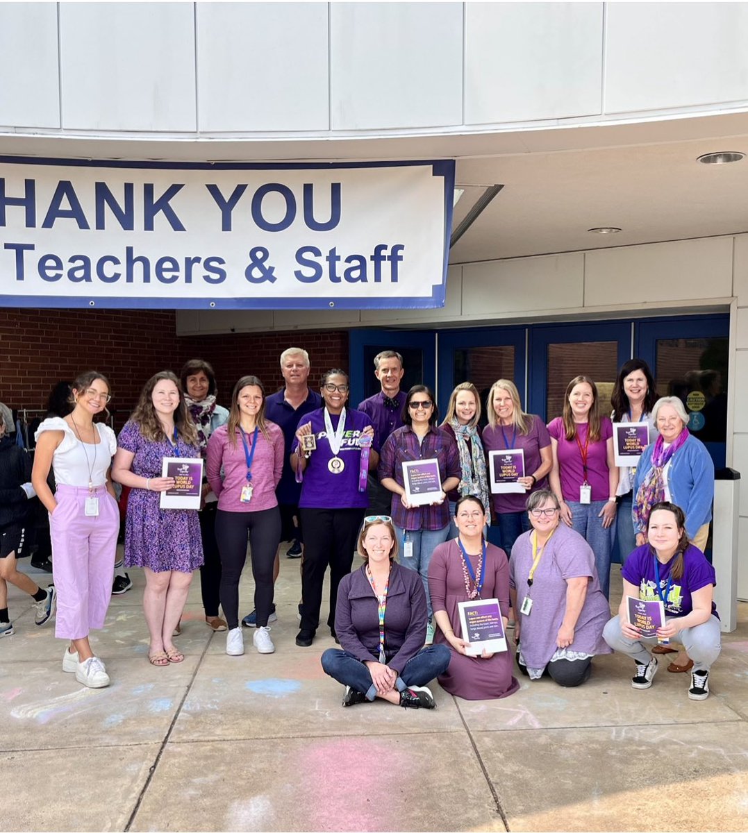 monicaroache's tweet photo. Many thanks to my @JamestownAPS family for wearing purple today to support me for World Lupus Day! I have been a Lupus Warrior and advocate for 30 years.  I am grateful beyond words by their support. My heart is full. 🫶🏾 @APSVirginia @LupusDMV @LupusOrg #WorldLupusDay https://t.co/l3FnJpnoXd