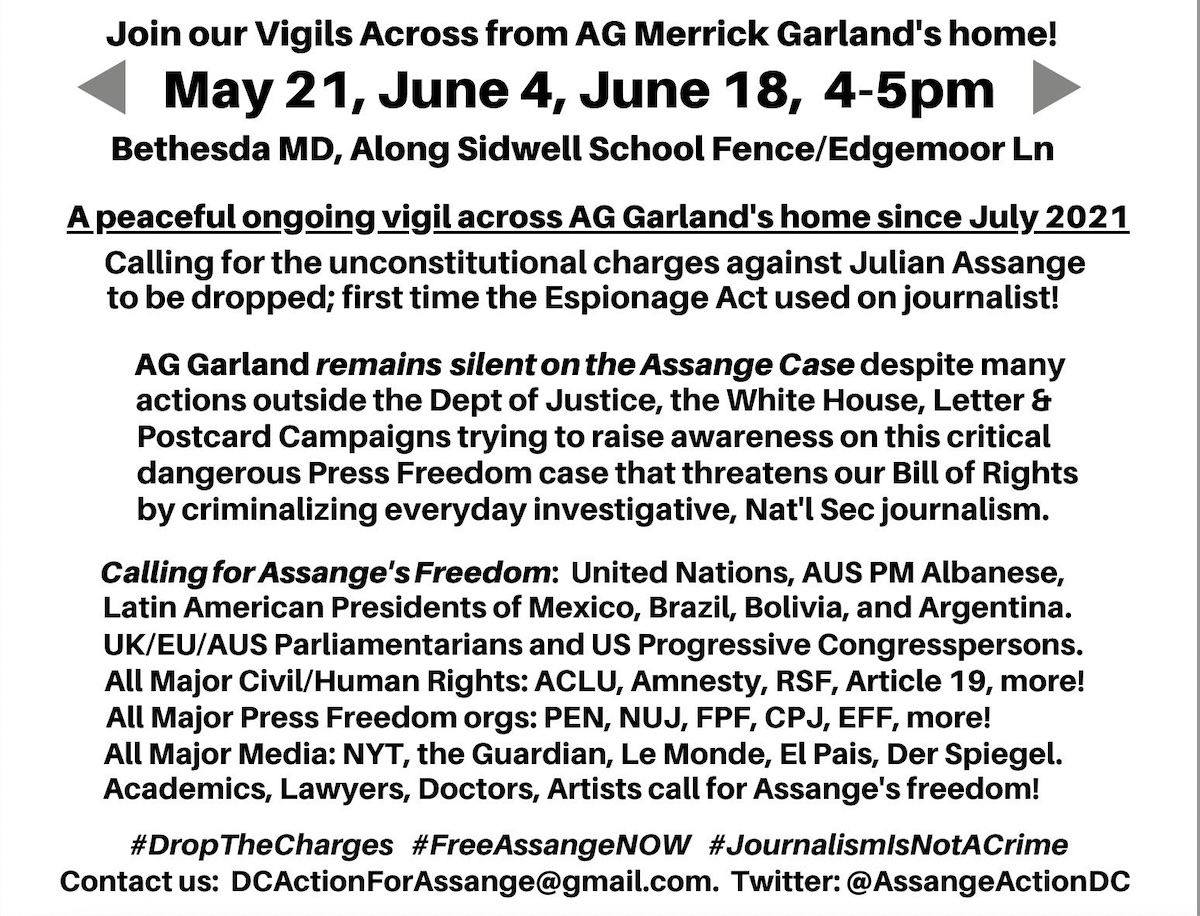 AssangeActionDC's tweet photo. @TheJusticeDept Next 'Free Assange' Bethesda vigil, May 21st. #Vigil34
Calling on Atty General Merrick Garland @TheJusticeDept to #DropTheCharges #FreeAssangeNOW https://t.co/TSRK2oaLgU