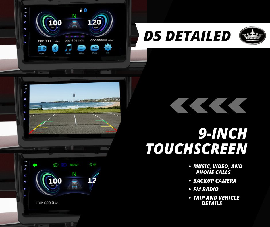 Evo_Electric's tweet photo. Now we present D5 Detailed! Today we look at the beautiful 9-inch touchscreen, which can be used in a myriad of ways ranging from playing music through Bluetooth, listening to the radio, or even something as simple as having a backup camera!

#evolution #EvolutionD5 #lithium #ev https://t.co/JwuUIMQoDm