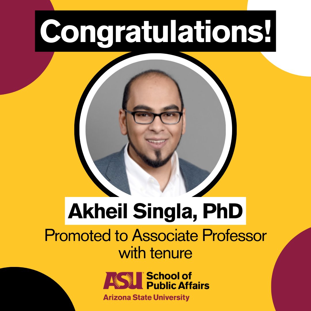ASUPubAffairs's tweet photo. Congratulations to Akheil Singla, PhD, on his promotion! 🥳 Dr. Singla previously served as an assistant professor and is now an associate professor with tenure. We appreciate your hard work! https://t.co/5L3IYbhIrp