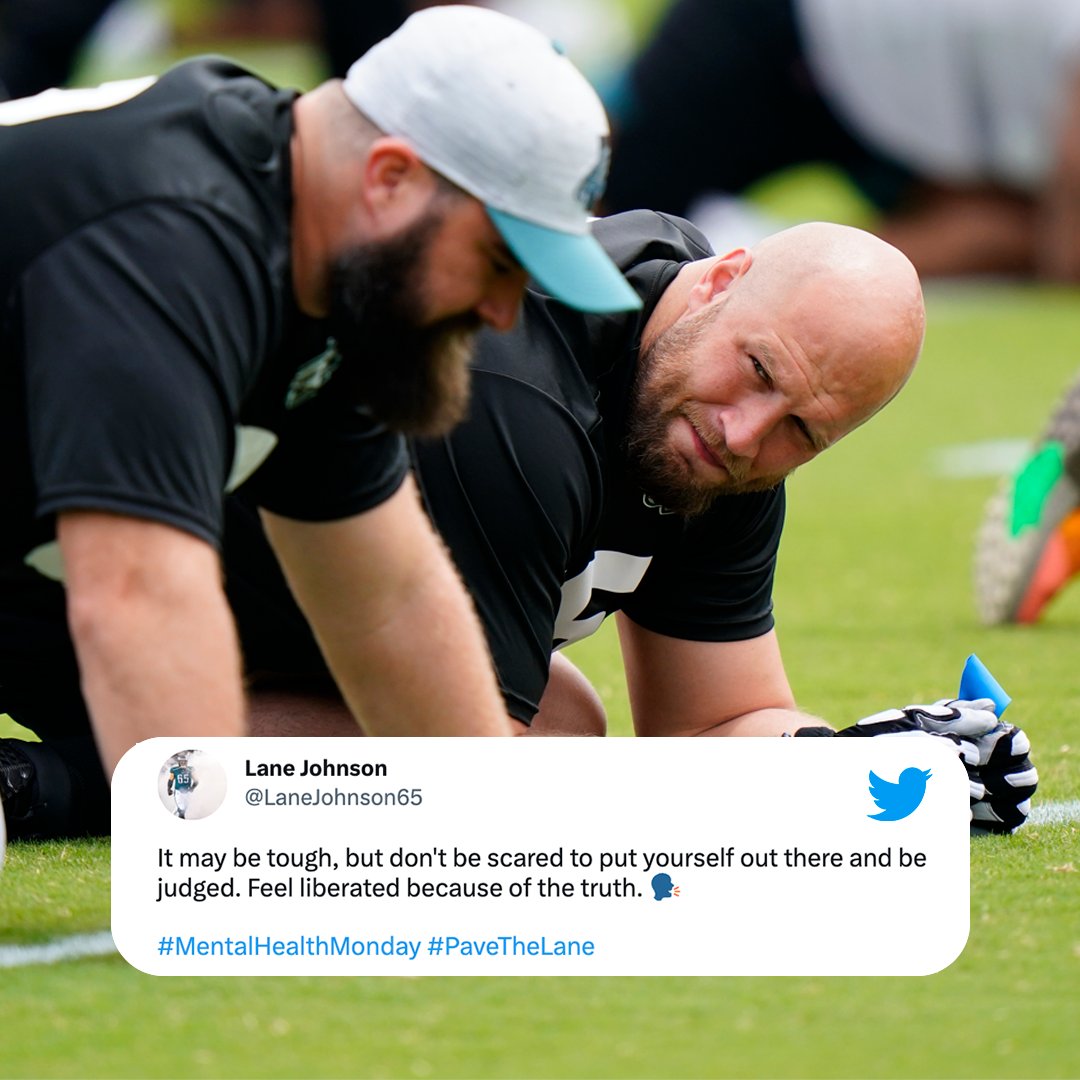 NFL's tweet photo. On Mondays, Eagles OT @lanejohnson65 often shares advice and insight on mental wellness, and advocates for vulnerability and courage in the mental health space.

His message impacts players, NFL fans and beyond. Thank you, Lane.💚#MentalHealthAwarenessMonth https://t.co/Cqjg0BHfXF