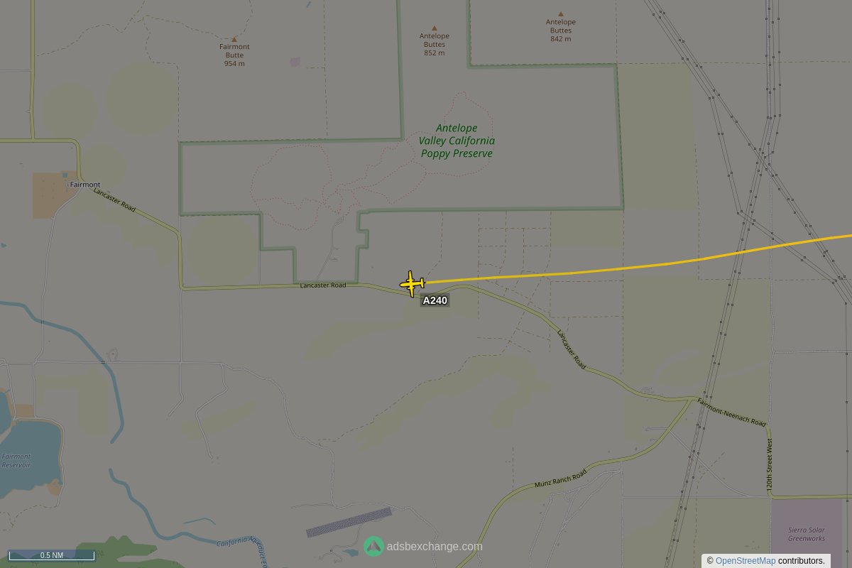 ffoverhead's tweet image. CalFire aircraft #N421DF callsign #A240 (a V10) was seen near Los Angeles County, CA at approx 22:28 UTC squawking 1255 globe.adsbexchange.com/?icao=a4ffa7&amp;amp;z… #CalFire