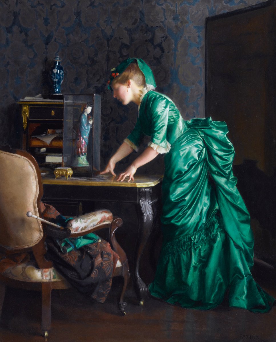 wikivictorian's tweet image. The Green Dress, by American painter William McGregor Paxton (1875). In private collection.