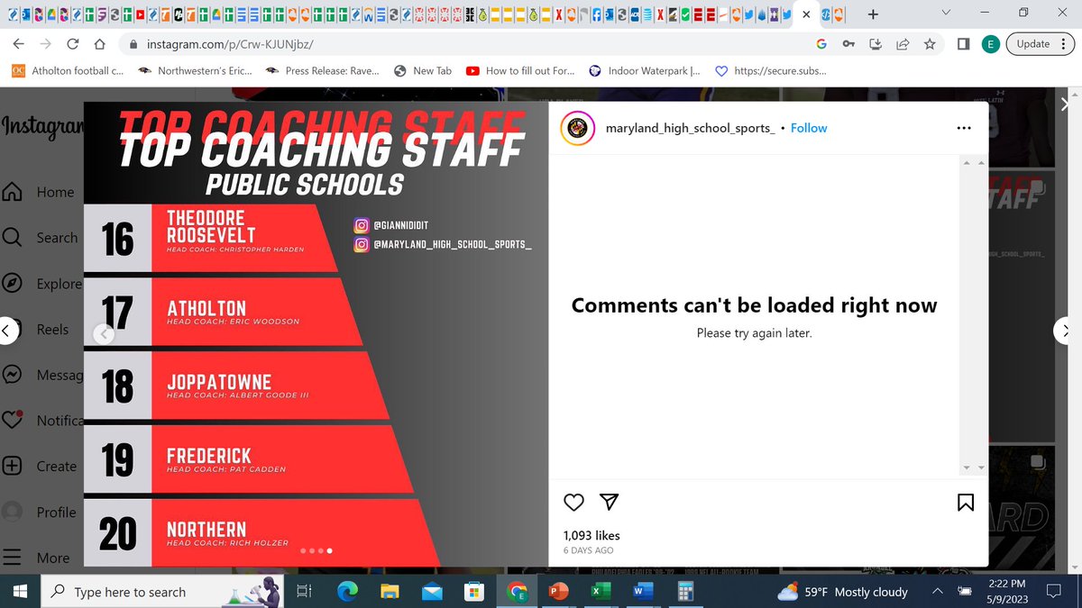 Maryland High School Sports on Instragram,
Thank you for recognizing our Head Football Coach Eric Woodson and his coaching staff as 1 of the top public school coaching staffs in Maryland.    instagram.com/p/Crw-KJUNjbz/…