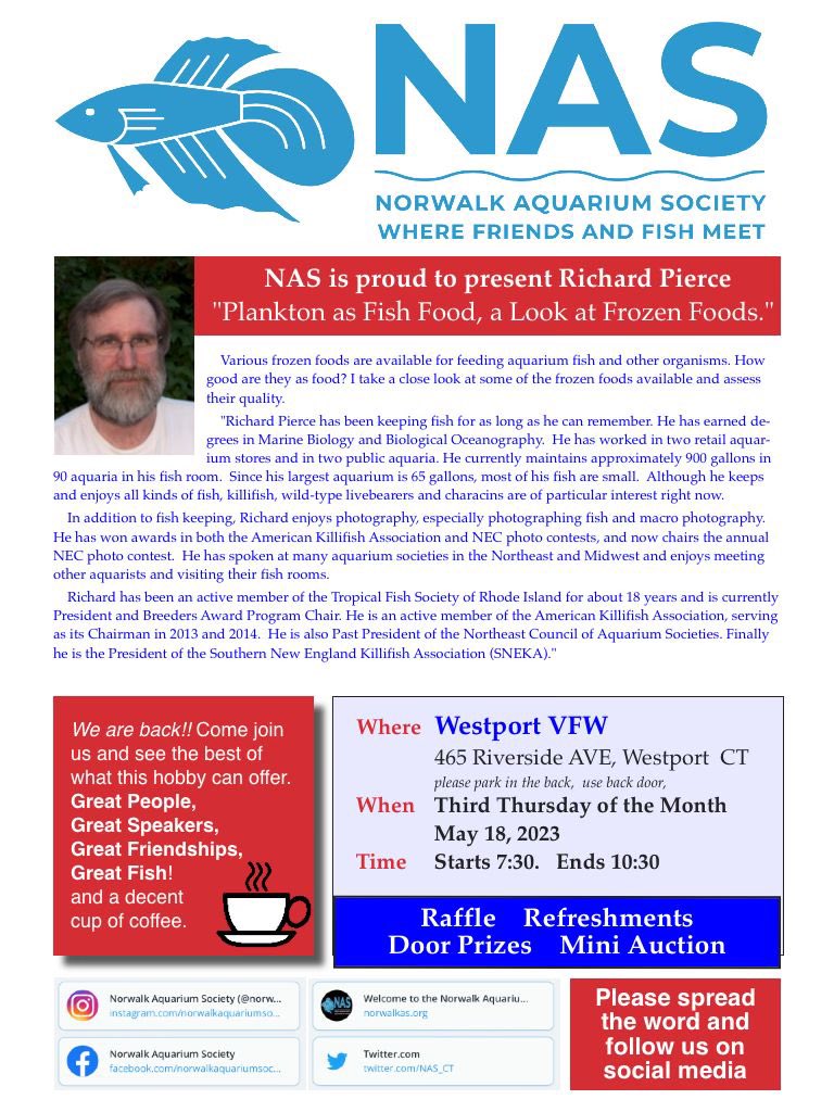 NAS_CT's tweet photo. 🐟🐟🐟🐟🐟🐟🐟🐟🐟🐟
#NorwalkAquariumSociety
Where Friends And Fish Meet!!
Please join us for our monthly meeting on May 18, 2023.
Our Speaker will be
Richard Pierce. A presentation on Plankton As Fish Food, A Look At Frozen Foods.
Hope to see you there. 😊🐟
🐟🐟🐟🐟🐟🐟🐟🐟🐟🐟 https://t.co/lmh2LPKwBb